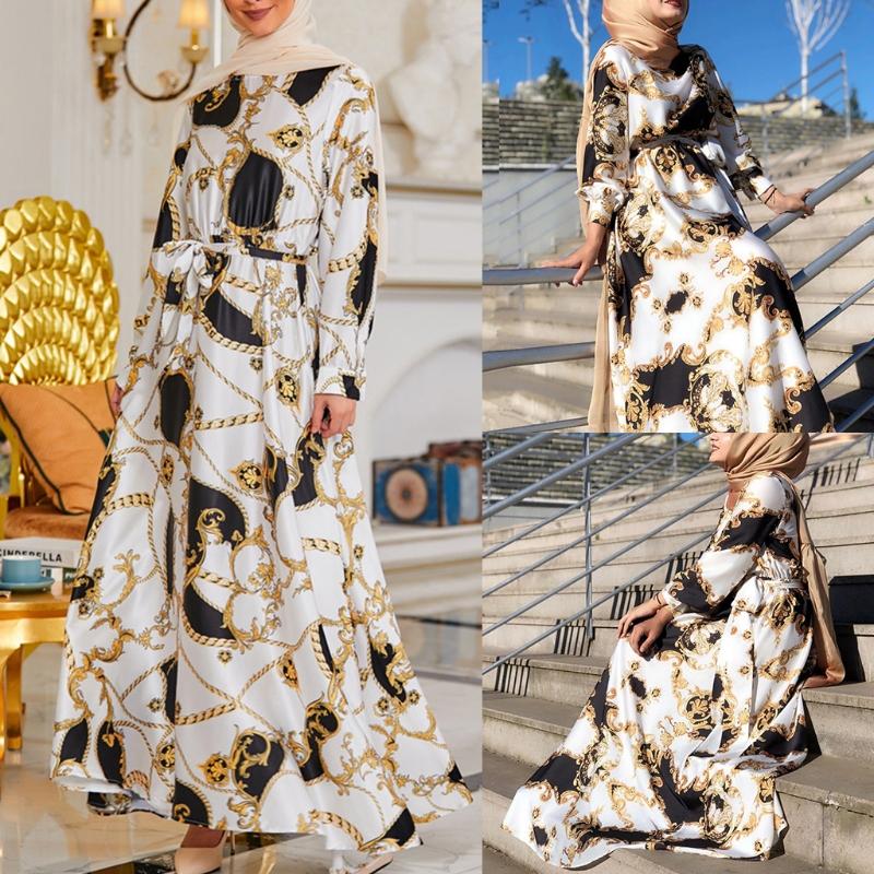 Floral Printting Ramadan Muslim Dress Abayas Lace Up O-Neck Dubai Turkey Islam Clothing Kaftan Robe for Womens Girls