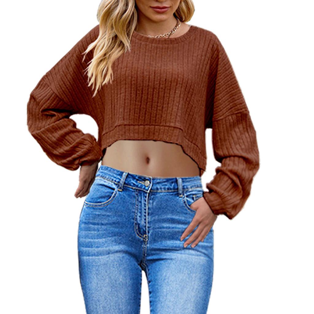 GMXIA Autumn and Winter Women's Wear Is A Brushed Pit Striped Knitted Crop Top with Long Sleeves and Short T-shirts
