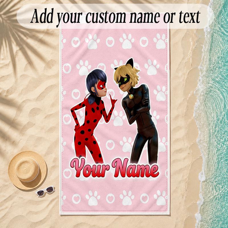 Beach TowelMiraculous Ladybug Custom Name Text Personalized Soft Towel for Beach Pool Indoor Home Decor Gift