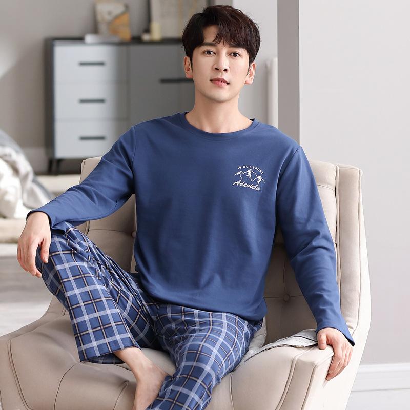 Men's New Spring and Fall Pajamas Homewear Suit Cotton Long-Sleeved Teenage Casual Student Pajamas Homewear Large Size Suit