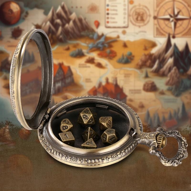 Unique Pocket Watch Case with 7pcs/set Metal Polyhedral Dices Pendant Delicate Pocket Watch for Gamers and Collectors