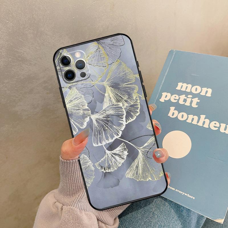 Ginkgo Leaf Gold Fol Art Case For iPhone 17 Air 16 15 14 13 11 12 Pro Max 13 mini XR 15 16 Plus 16e Back Cover Shell
