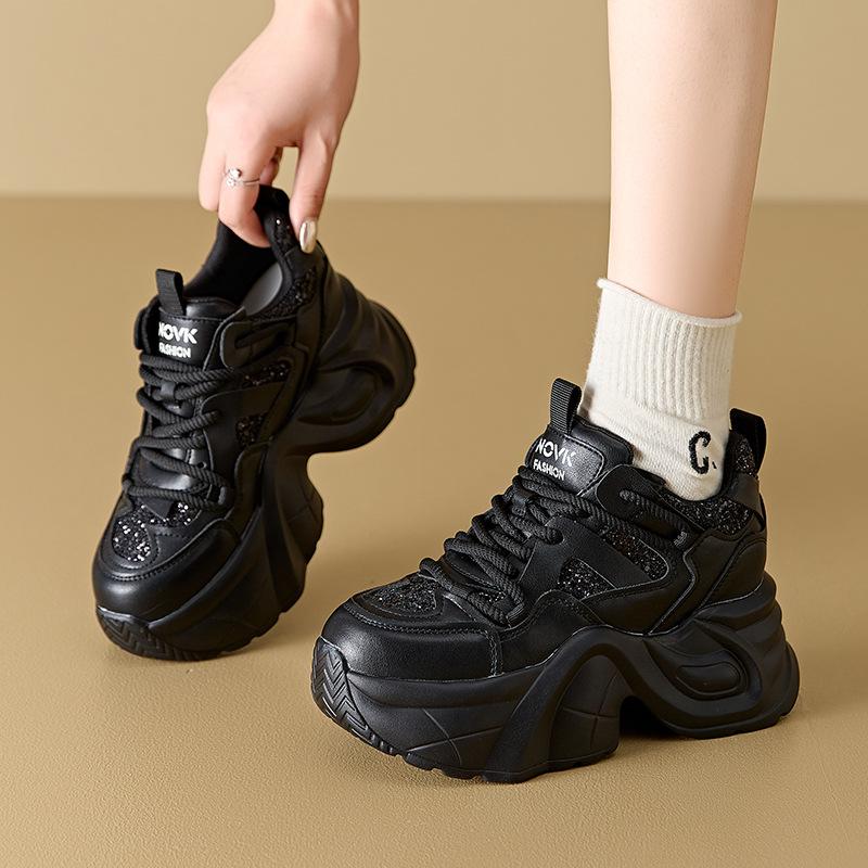 Wear high-end autumn new leather women's shoes thick sole inner height increase sports and leisure dad shoes children