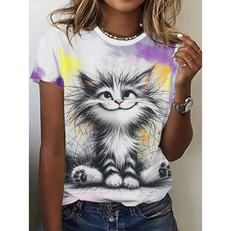 Funny Women's T-shirt Cat Graphic Print Summer Round Neck Outdoor Comfortable Fashion Casual Female Oversized Short Sleeve T-Shirts