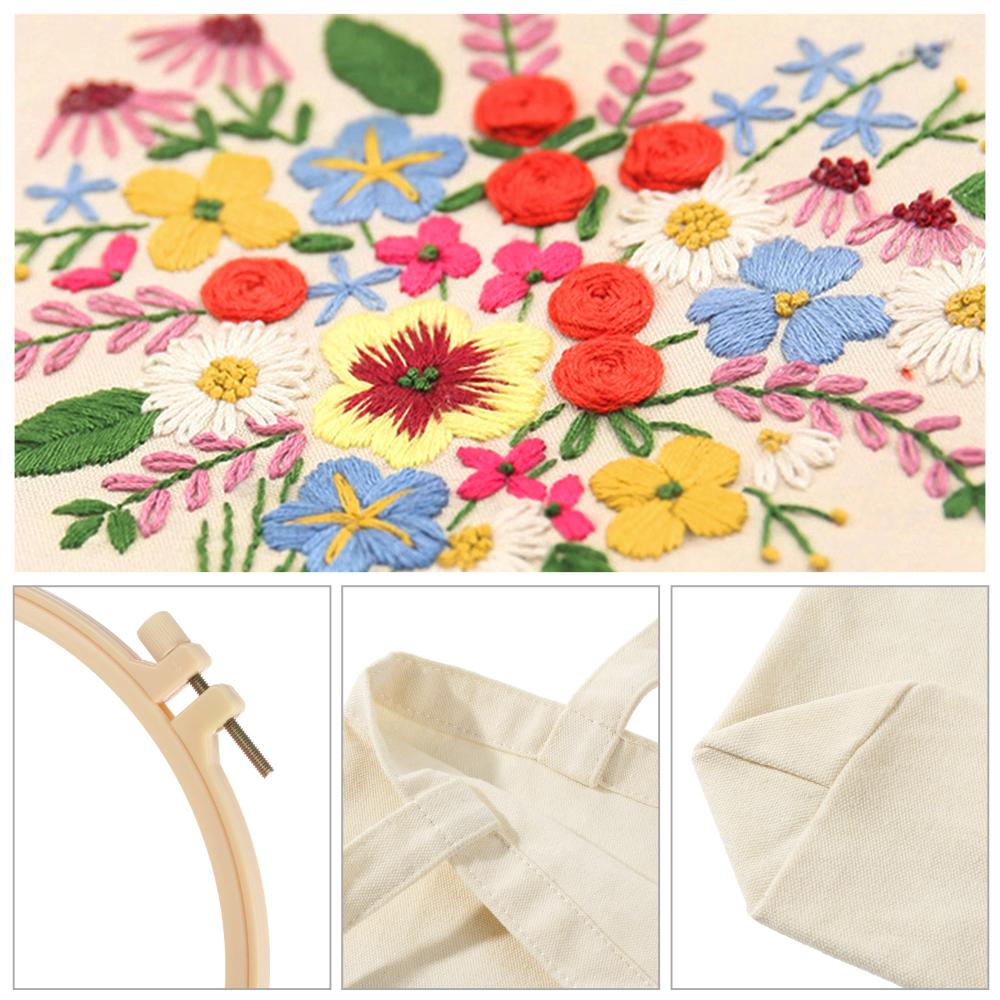Needlepoint Embroidery Hoops Thread Embroidery Kit Flower Pattern Instructions Canvas Tote Bag