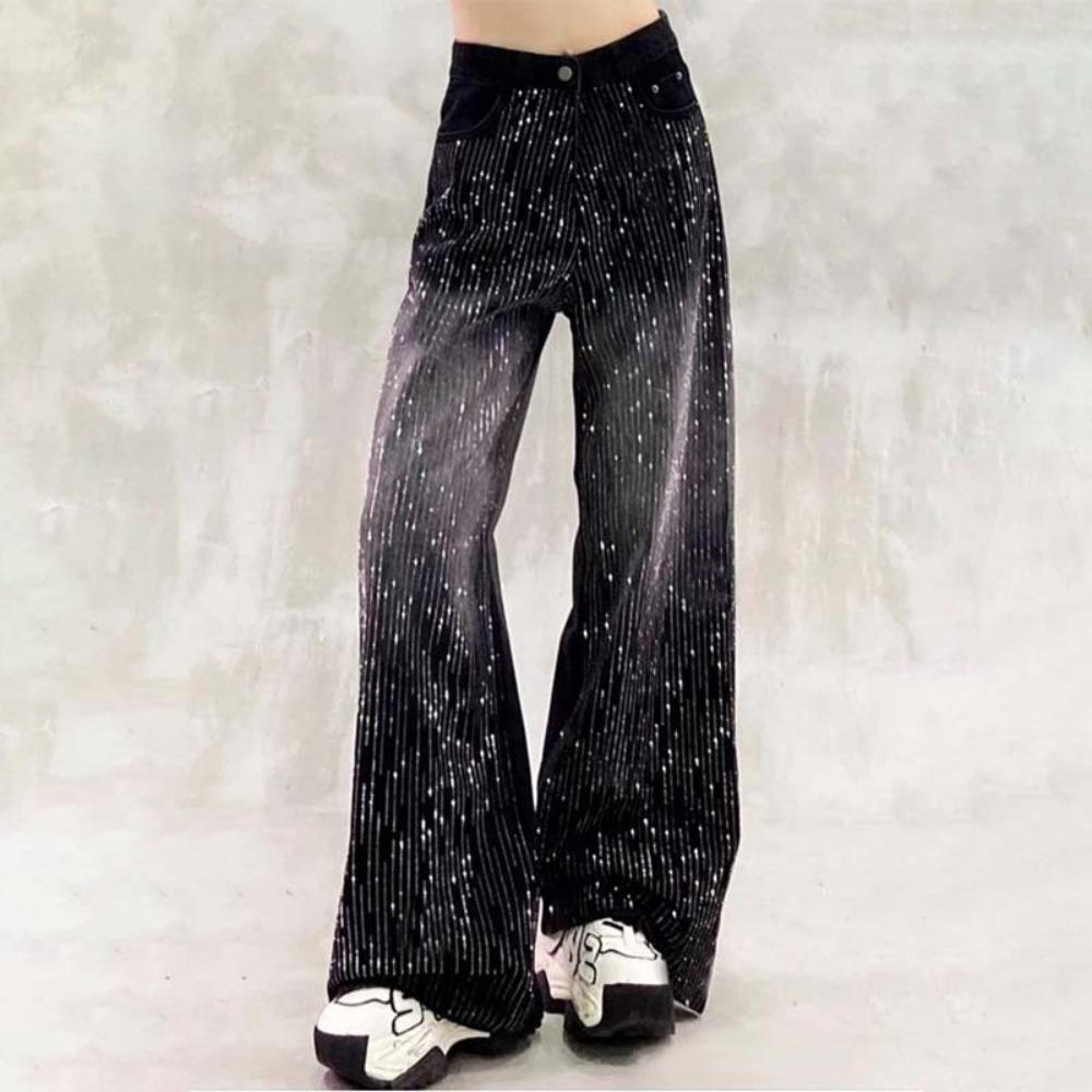Women's High Waist Wide Leg Jeans Loose Gradient Rhinestone Shiny Straight Denim Pants
