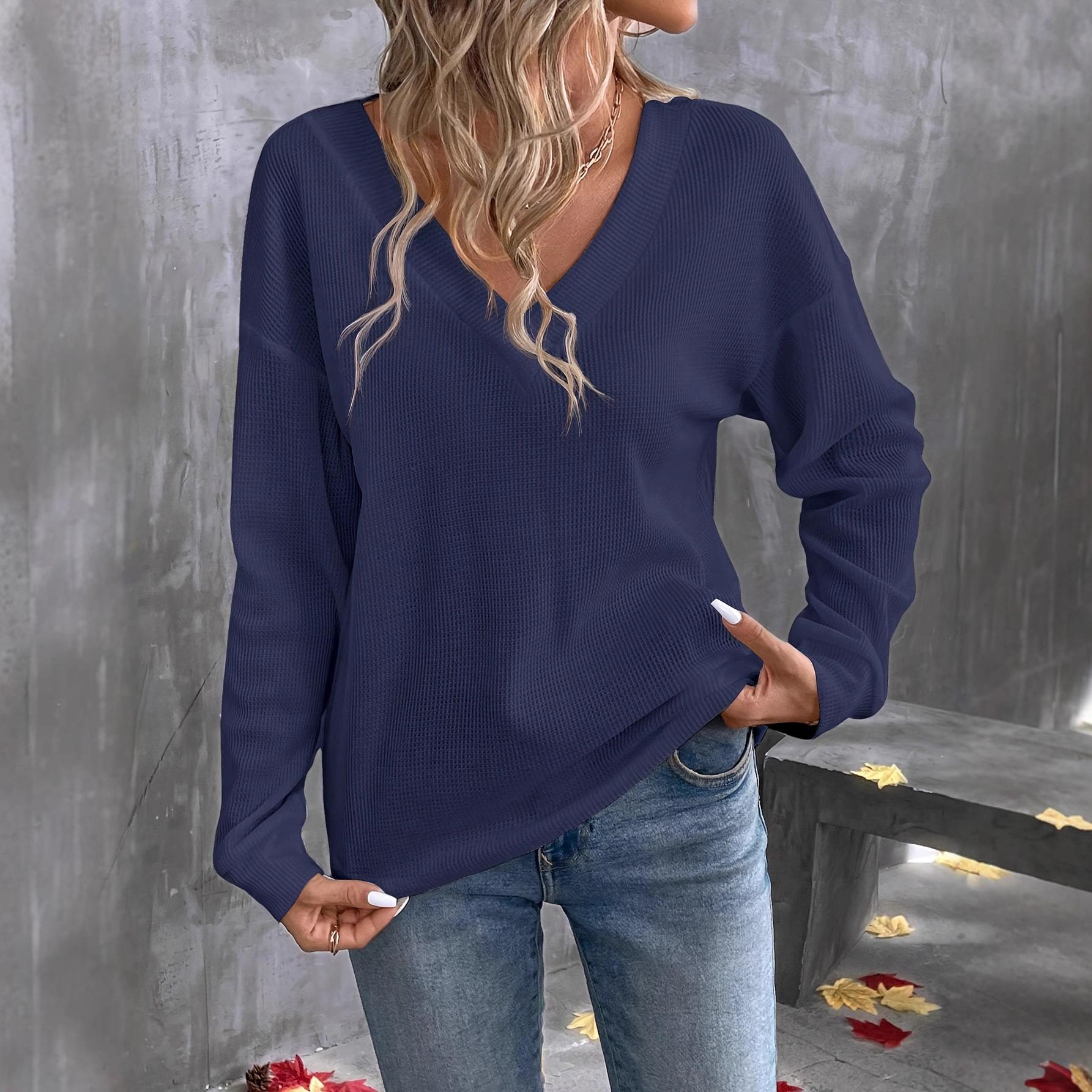 

Новая осенняя женская одежда Модная однотонная футболка с длинным рукавом и V-образным вырезом 4XL