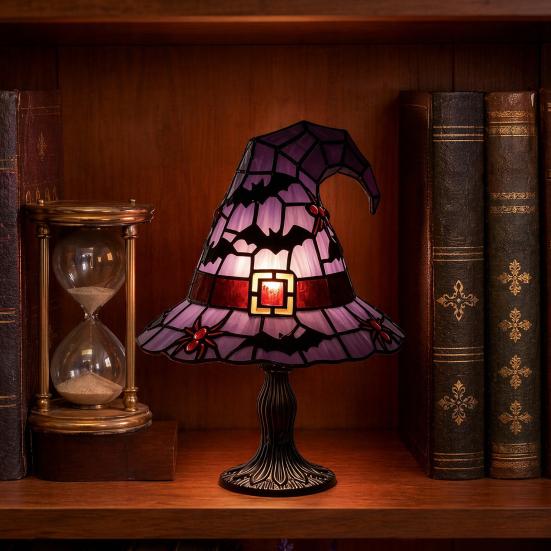 Lampa v podobě čarodějnického klobouku z vitráže, Ručně vyráběná retro pryskyřičná čarodějnická lampa, Gotická noční lampa v podobě čarodějnických klobouků napájená přes USB, Halloweenská dekorace do domácnosti