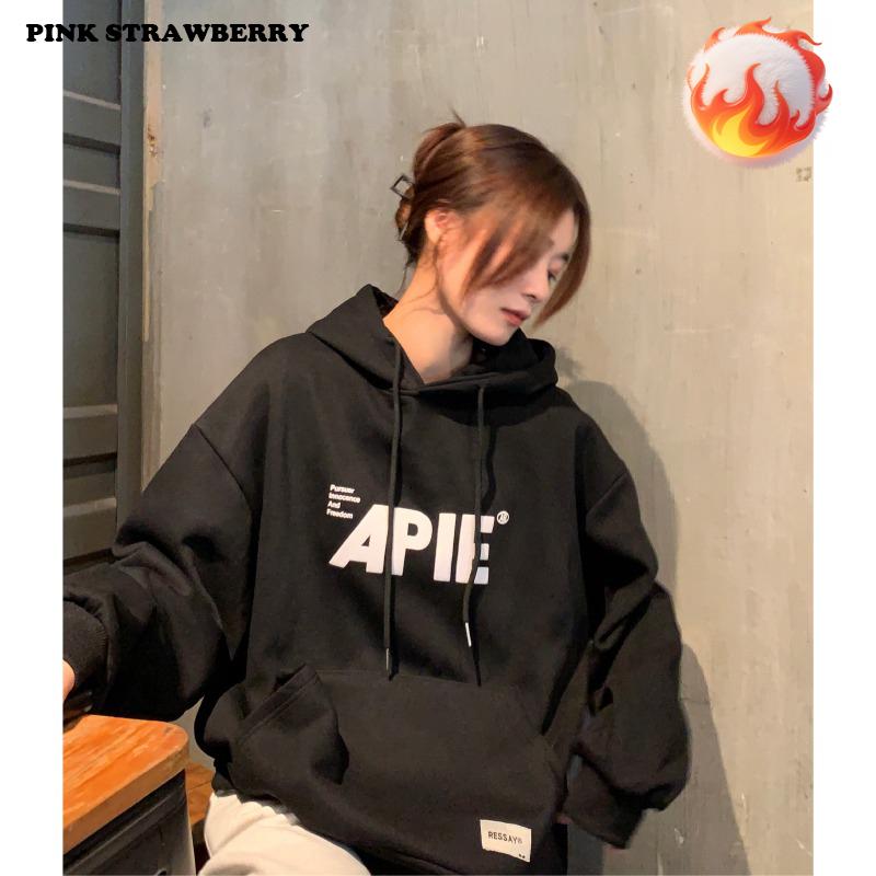 American Style Oversize Plush Hoodie Women Autumn Winter 2025 New Letter Print Warm Pullover Sweatshirt Y2K Tops Ladies Clothing