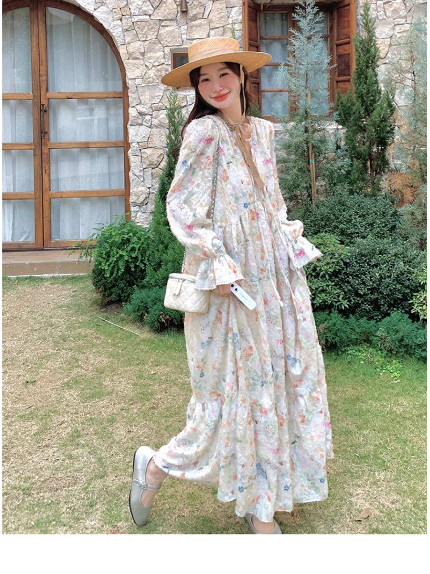 Women s 2026 Spring Romantic French Chic Floral Maxi Dress Small
