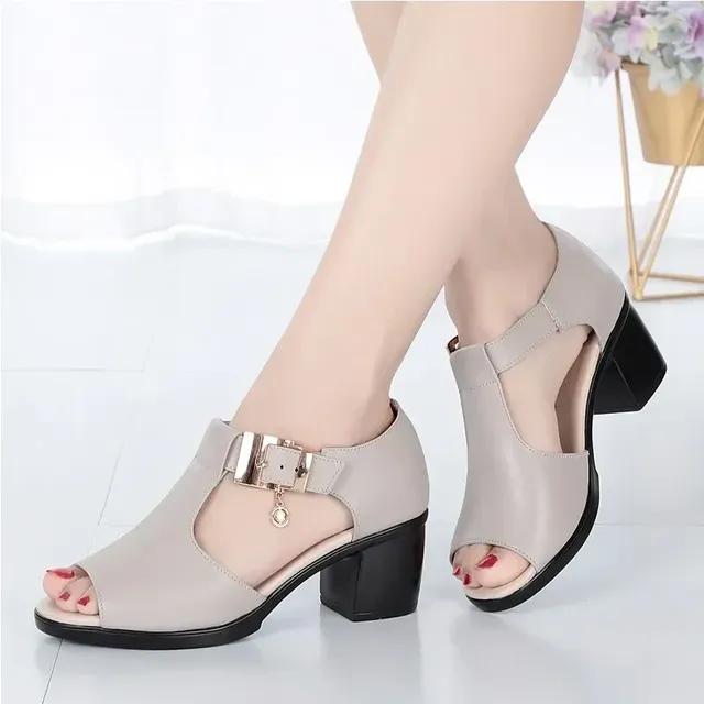 2026 Summer Fashion Women Sandals Fish Mouth Shoes for Women Chunky Heel Metal Decorative Buckle Casual Sandals Female 35 серый 1840₽