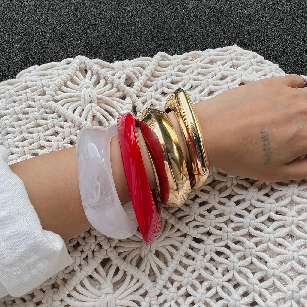 IngeSight.Z 4 Styles Punk Irregular Thick Resin Acrylic Smudging Bangles for Women Vintage Gold Color Geometric Bracelet Jewelry