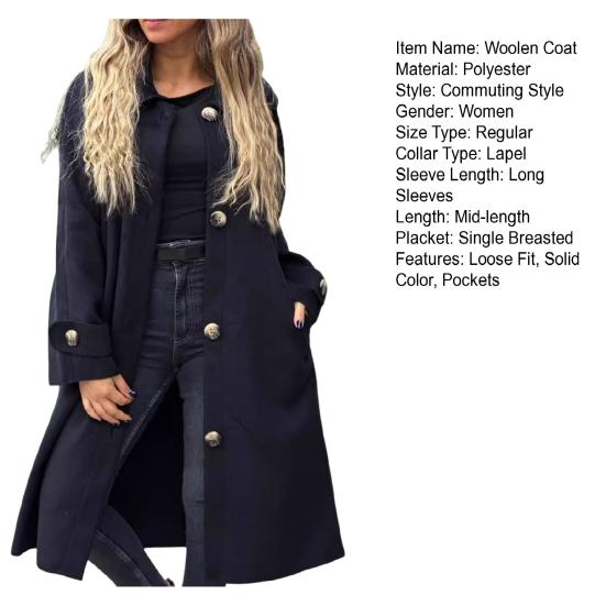 Women Woolen Coat Lapel Long Sleeve Single Breasted Mid-length Coat with Side Pockets