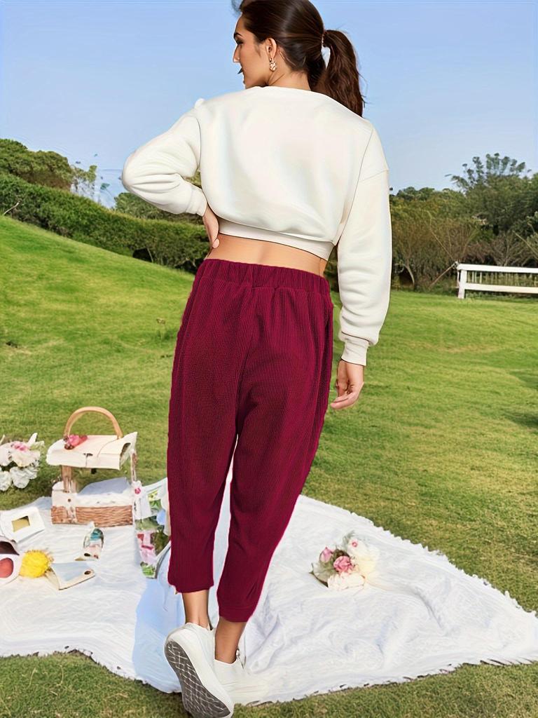 European & American Women's Corduroy Pants - Elastic Waist, Pocketed, Loose Fit, Tapered Leg, 2026 Autumn/Winter Collection