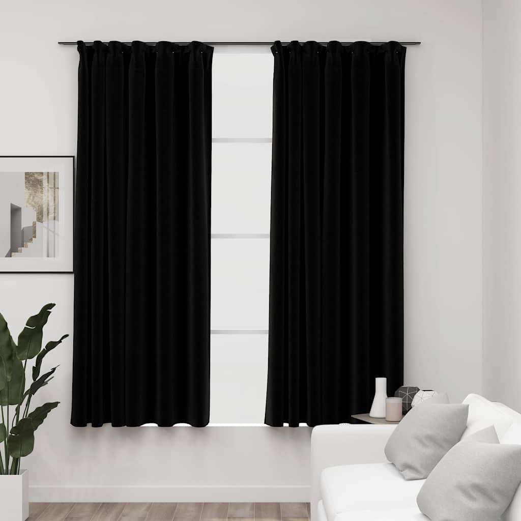 Blackout Curtains with Hooks Linen Look 2 Pcs Black 140 X 175 Cm