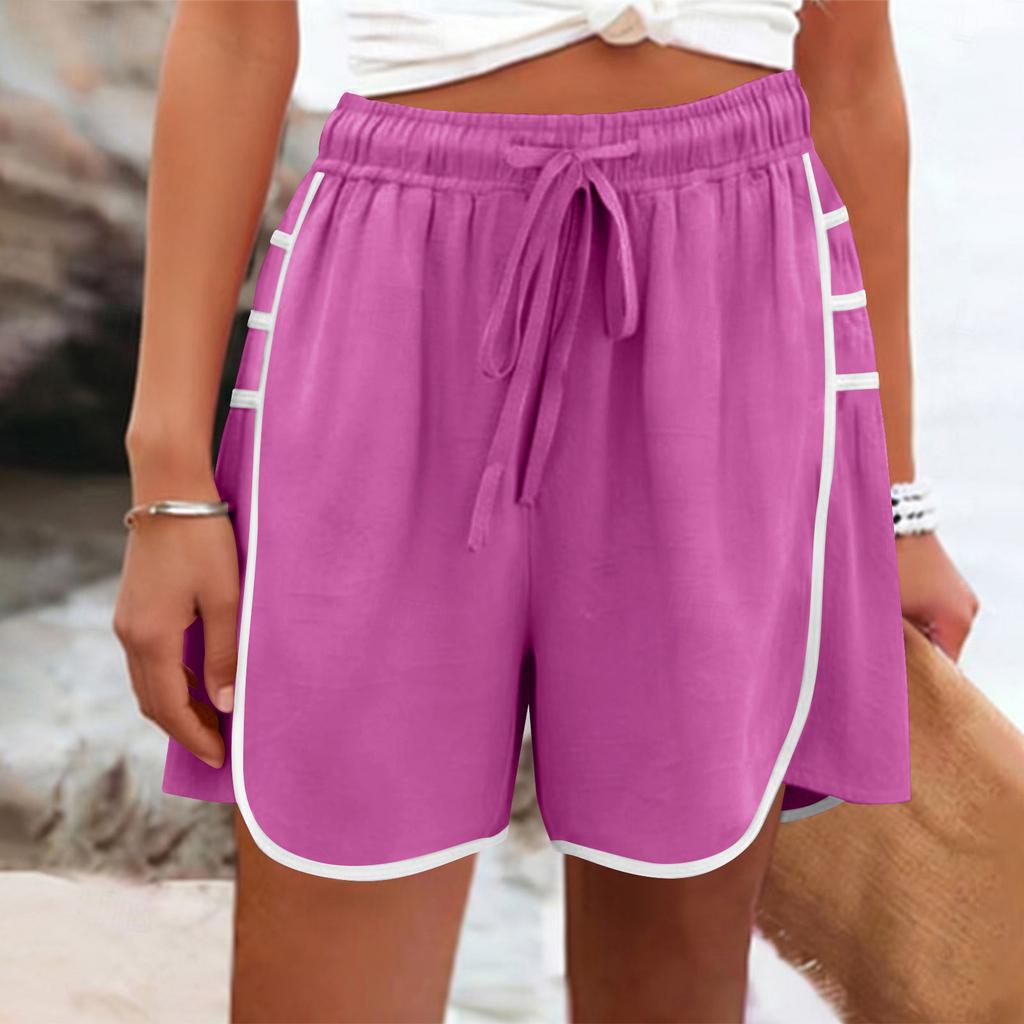 Women's Color Casual And Fashionable Drawstring Pocket Cotton And Linen Shorts