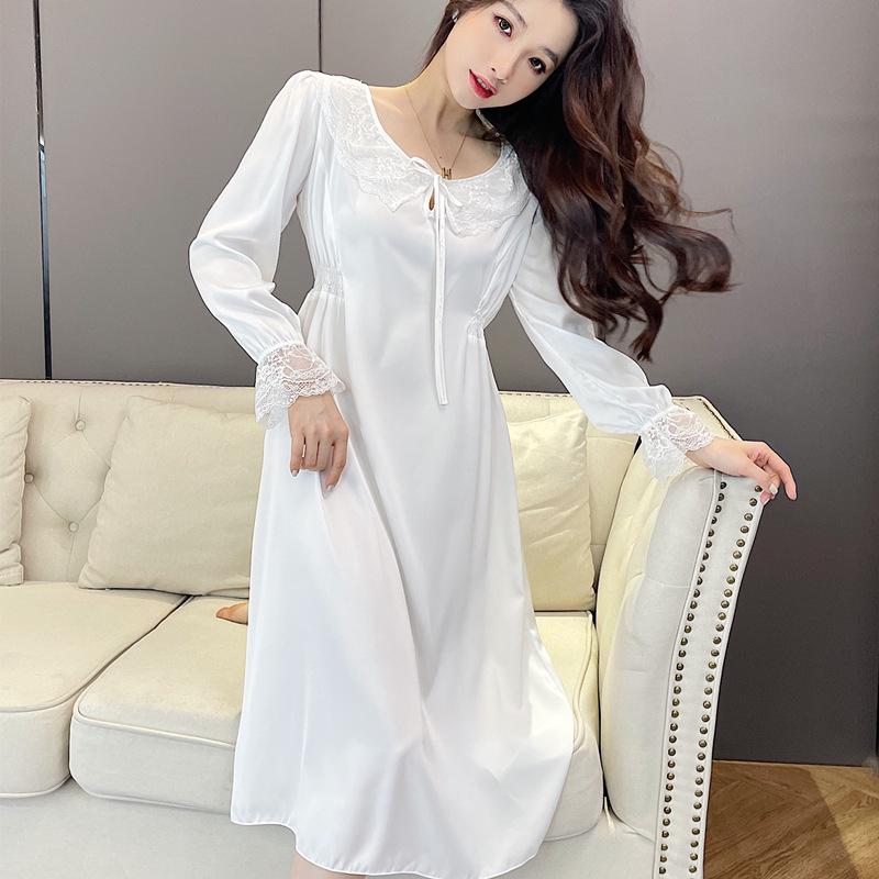 Cămașă de noapte lungă pentru femei din mătase de gheață cu garnitură de dantelă - Primăvară/Toamnă