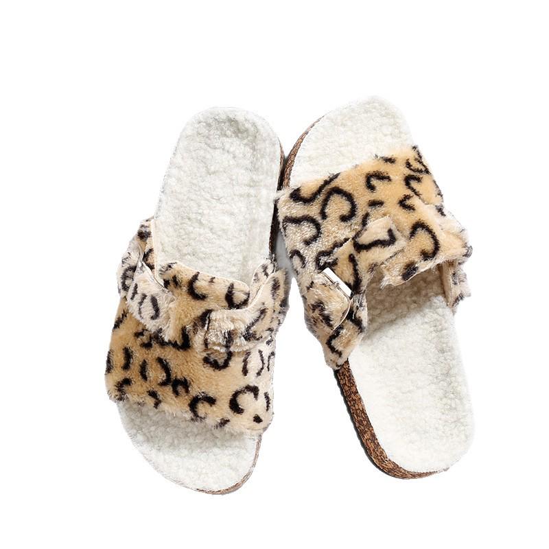 Women's Fuzzy Leopard Print Slippers, Cross Strap, Suede, Indoor/Outdoor, Autumn/Winter 2025.
