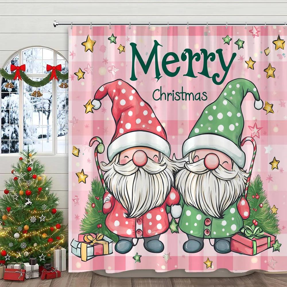 Pink Christmas Printed Shower Curtain Cute Snowman and Christmas Tree Gift Polyester Shower Curtains Bathroom Decor with Hooks