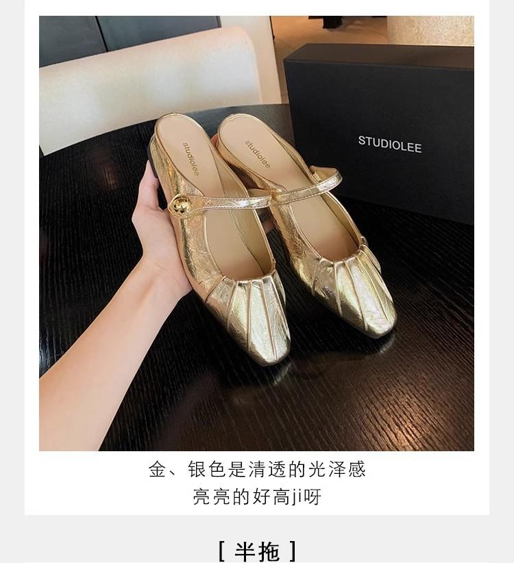 Grape mother of the same style, temperament small square head folds, word with shallow mouth Mary Jane single shoes bag head half drag sandals women