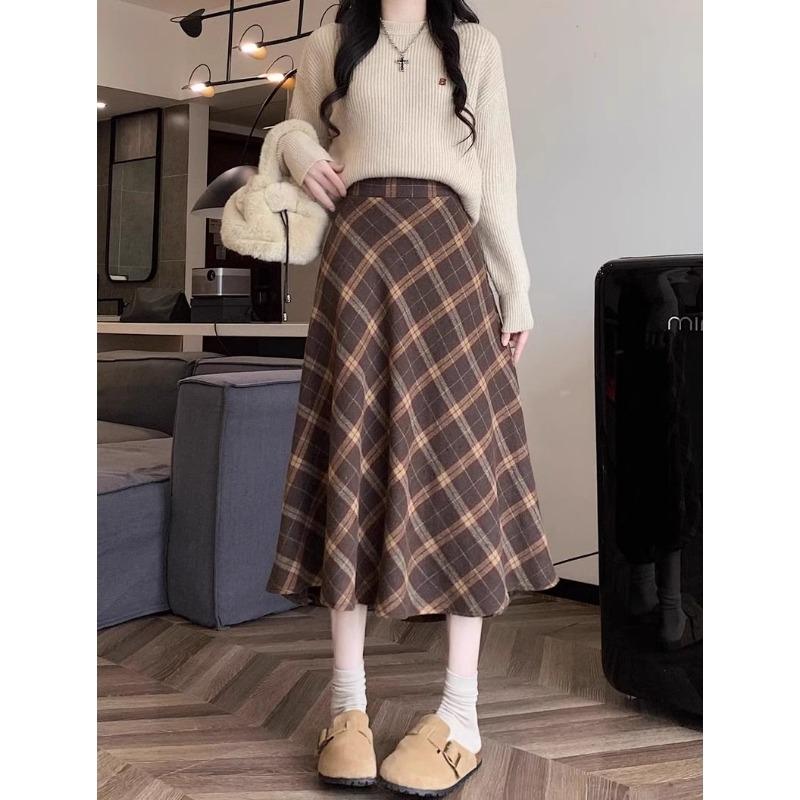 WSLCN Geruite geruite lange wollen geplooide rok dames vintage A-lijn hoge maxi-rok met zakken swing uitlopende rok herfst winter, 616-grijs, L