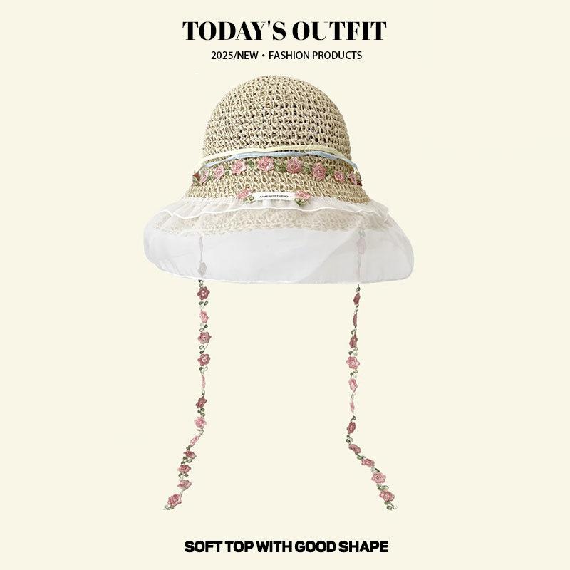 New Summer French Flower Lace Hollow Straw Hat Women's Beach Sun Protection Hat Knitted Sun Hat