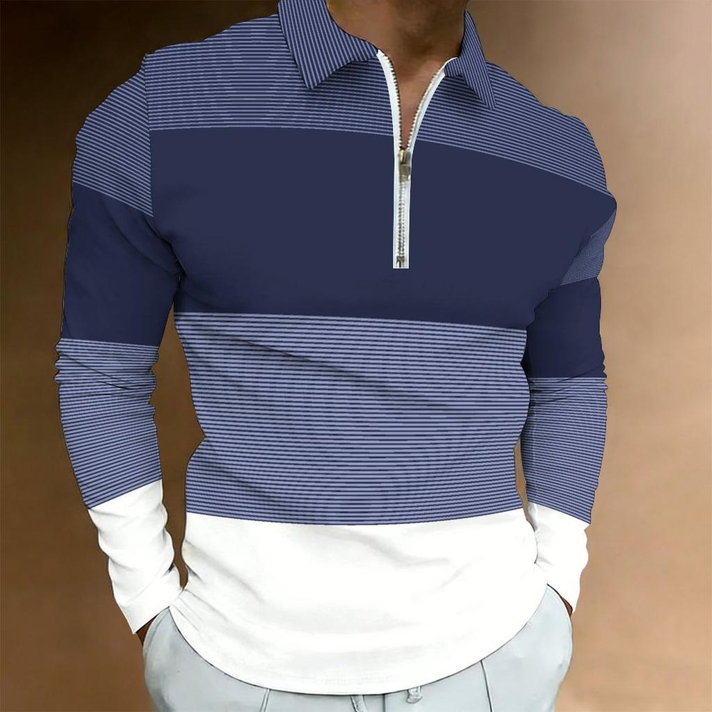 Men Plus Size Collared Long Sleeve Shirt Striped Casual Polo For Daily Life And Weekend Leisure