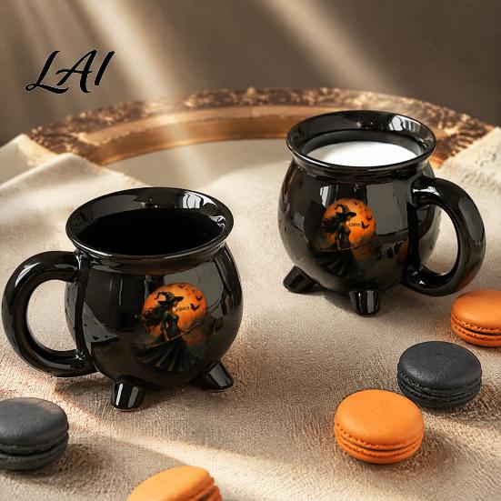 Anniversary Birthday Gift Ideas Halloween Witch Cauldron Mug 350ml Vintage Gothic 3 Legged Magic Pot Black Glaze Pot Cat Ceramic Coffee Cup for Home