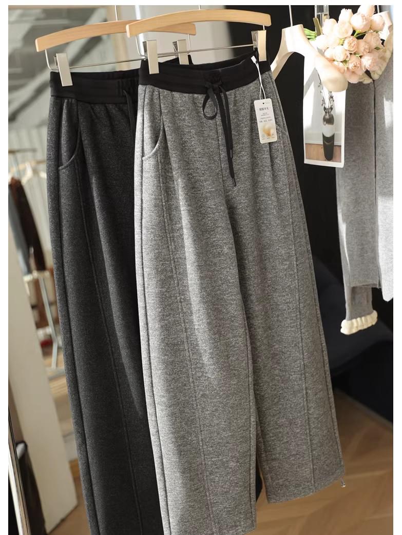 

LZ1224 Твидовые брюки с цветовыми блоками и кулиской, смесовые шерстяные - Плюшевые, сужающиеся, свободный крой S up to 100 Jin серый