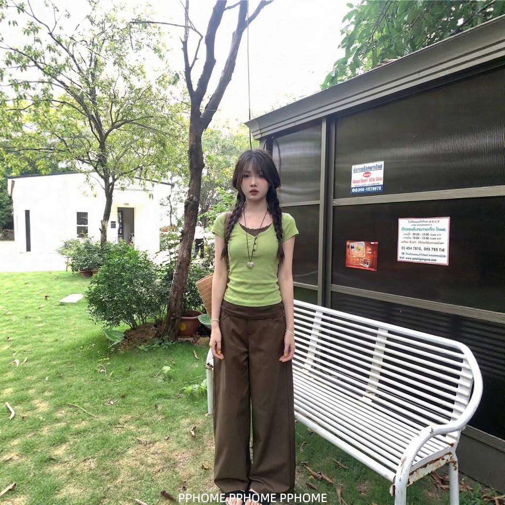 Green fake two-piece splicing front shoulder short-sleeved T-shirt women's summer new slim-fitting and thin Korean crew neck top