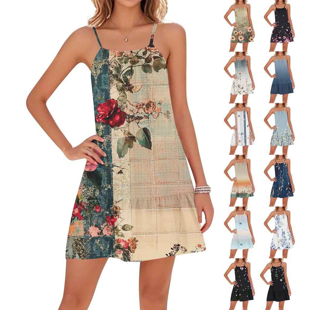 Women's Casual Round Neck Adjustable Straps Beach Backless Dresses