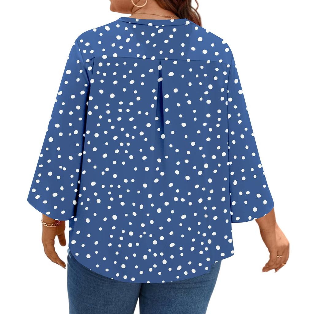Women's Prined V-neck Plus Size Tops 3/4 Sleeves Elegant Shirt Tops