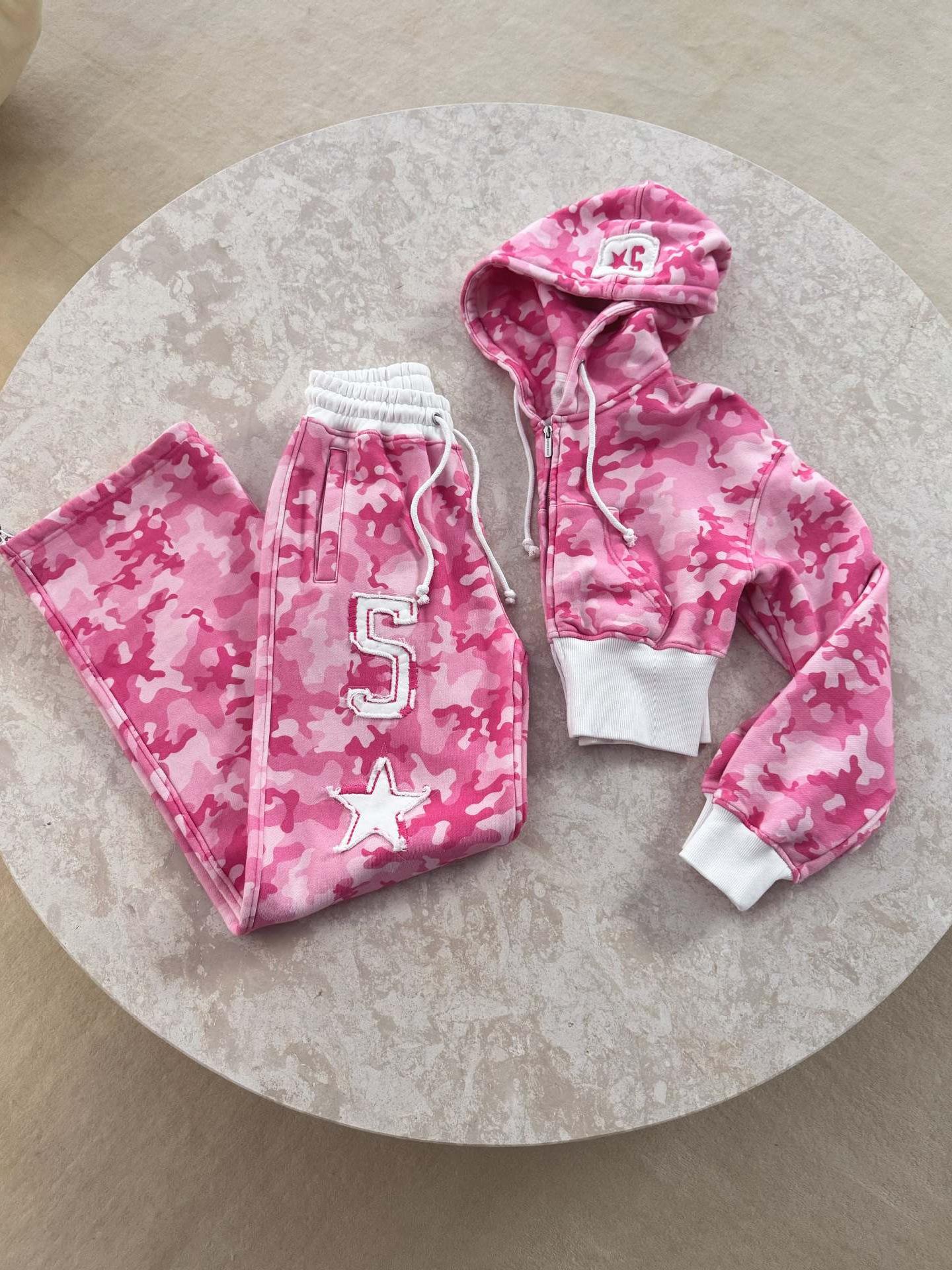 

Камуфляжні спортивні костюми-двійки жіночі вуличні хіп-хоп жіночі Y2k набори штанів приталена толстовка повсякденний вільний спортивний костюм M рожевий червоний колір