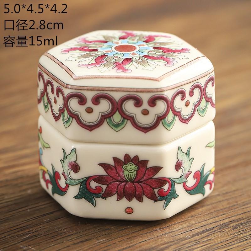 Enamel Mini Tea Jar with Painted Flowers Hexagonal Ceramic Storage Jar Moisture-Proof Sealed Jar Food Storage Container Decor