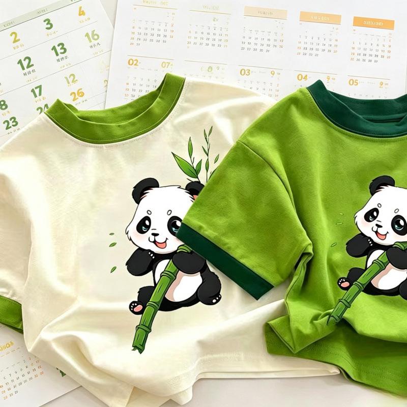 Kids Summer Cotton Short Sleeve T Shirt Cute Panda Print Korean Boys Girls Baby Trendy Top