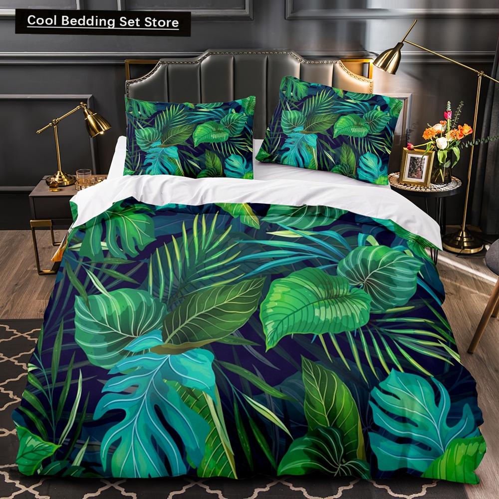 Tropical Plants Floral King Queen Duvet Cover Green Palm Leaves Bedding Set Cream-colored Flowers 2/3pcs Polyester Quilt Cover