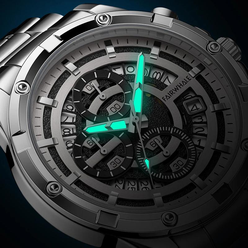 Mark Fairwhale Brand Men's Quartz Watches Stainless Steel Strap Waterproof Luminous Multifunctional Date Chronograph Watch Men
