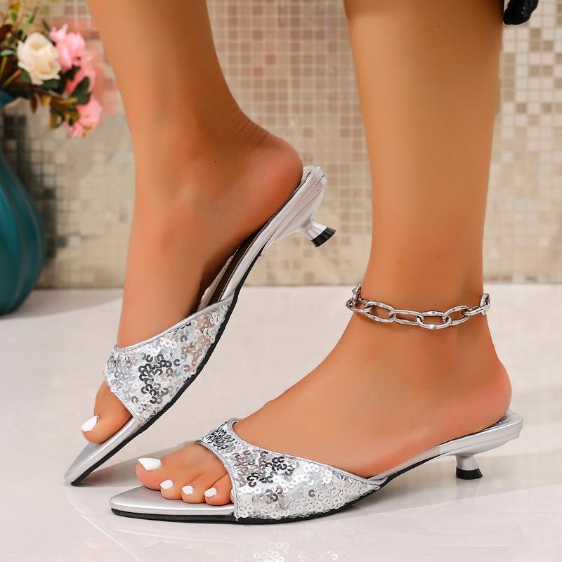 Fashion Sexy Glitter Strap Slip on Sandals Women 2025 New Summer Fashion Pointed Toe Slippers Comfortable Medium Heels Slides Size