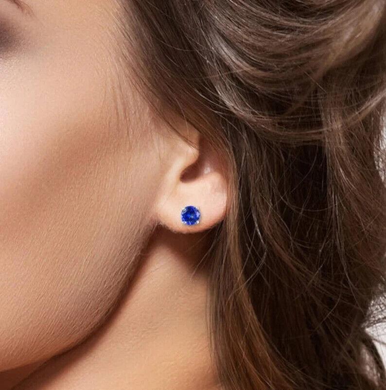 Round Cut Natural Tanzanite Gemstone 925 Sterling Silver Solitaire Stud Earrings
