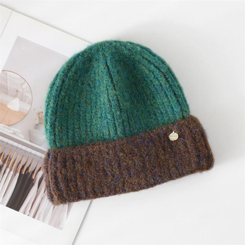 Autumn and winter color matching wool hat female winter couple cold-proof knitted hat versatile thermal ear protection hat shopping cold hat