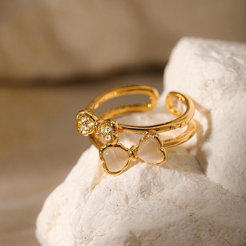 New European and American Minimalist French Style Rhinestone Bow Open Ring, Unique and Versatile Stainless Steel Double-layer Ring