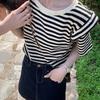 Jin Manqi summer women's clothing Korean version of pure cotton striped fresh wind loose and thin round neck short-sleeved t-shirt women's top, trendy