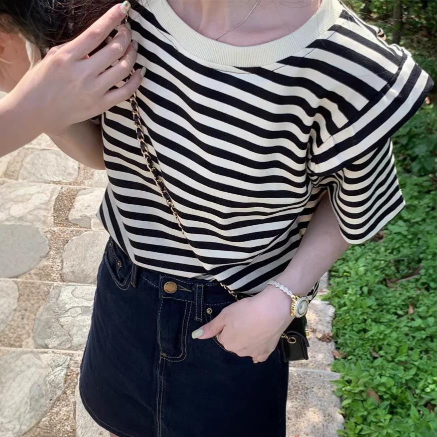 Jin Manqi summer women's clothing Korean version of pure cotton striped fresh wind loose and thin round neck short-sleeved t-shirt women's top, trendy