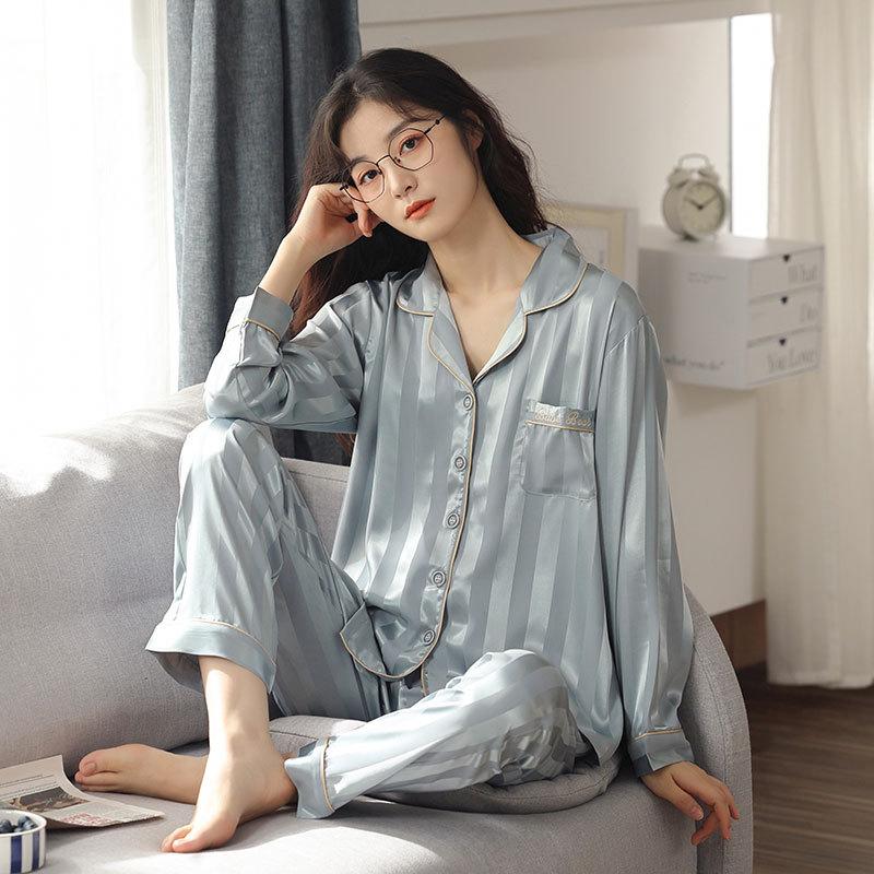 

Парная пижама женская из ледяного шелка с длинным рукавом, домашняя одежда, мужской шелковый тонкий костюм из искусственного шелка для весны и лета 2XL