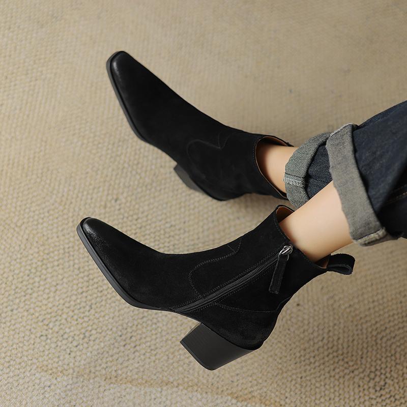 2024 New Real Cow Leather Suede Western Ankle Boots Women Point Toe Kitten Heels Short Boots Winter Cowboy Knight Boots Woman