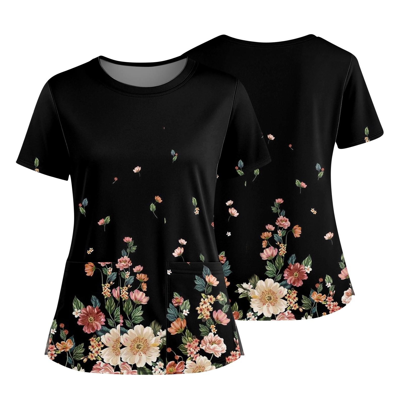 

Women s Fashionable Printed Round Neck Pocket Short Sleeved Shirt With Slit Hem Uniform And Worker s Top XXXXL чорний