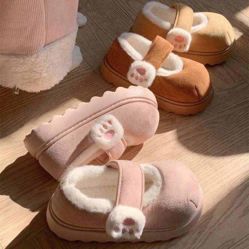 Cute Cat Paw Velcro Cotton Shoes Winter Home Velvet Platform Single Shoes Girl Heart Warm Round Head Beanie Shoes