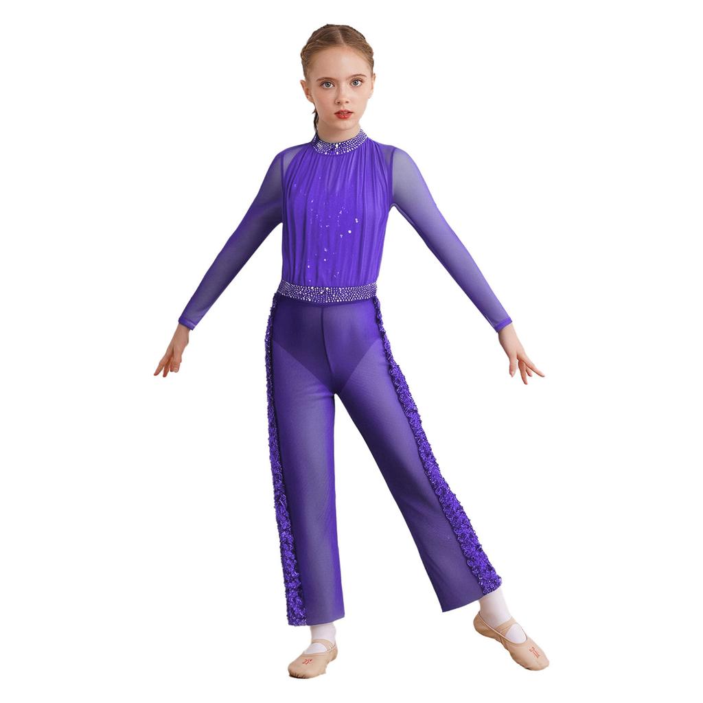 Κοριτσίστικο Κοστούμι Παγοδρομίας Sparkle Στρας Διχτυωτό Ολόσωμο Κολάν Ελαστική Μέση Φαρδιά Παντελόνα