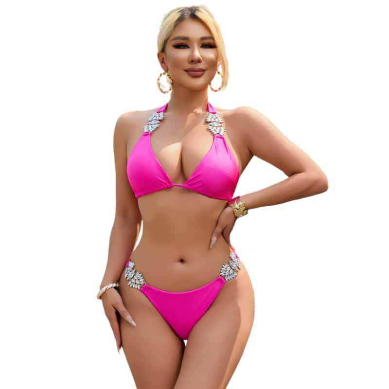 Maillot de bain ins nouveau sexy couleur unie métal incrusté de diamants bikini bandage maillot de bain fendu