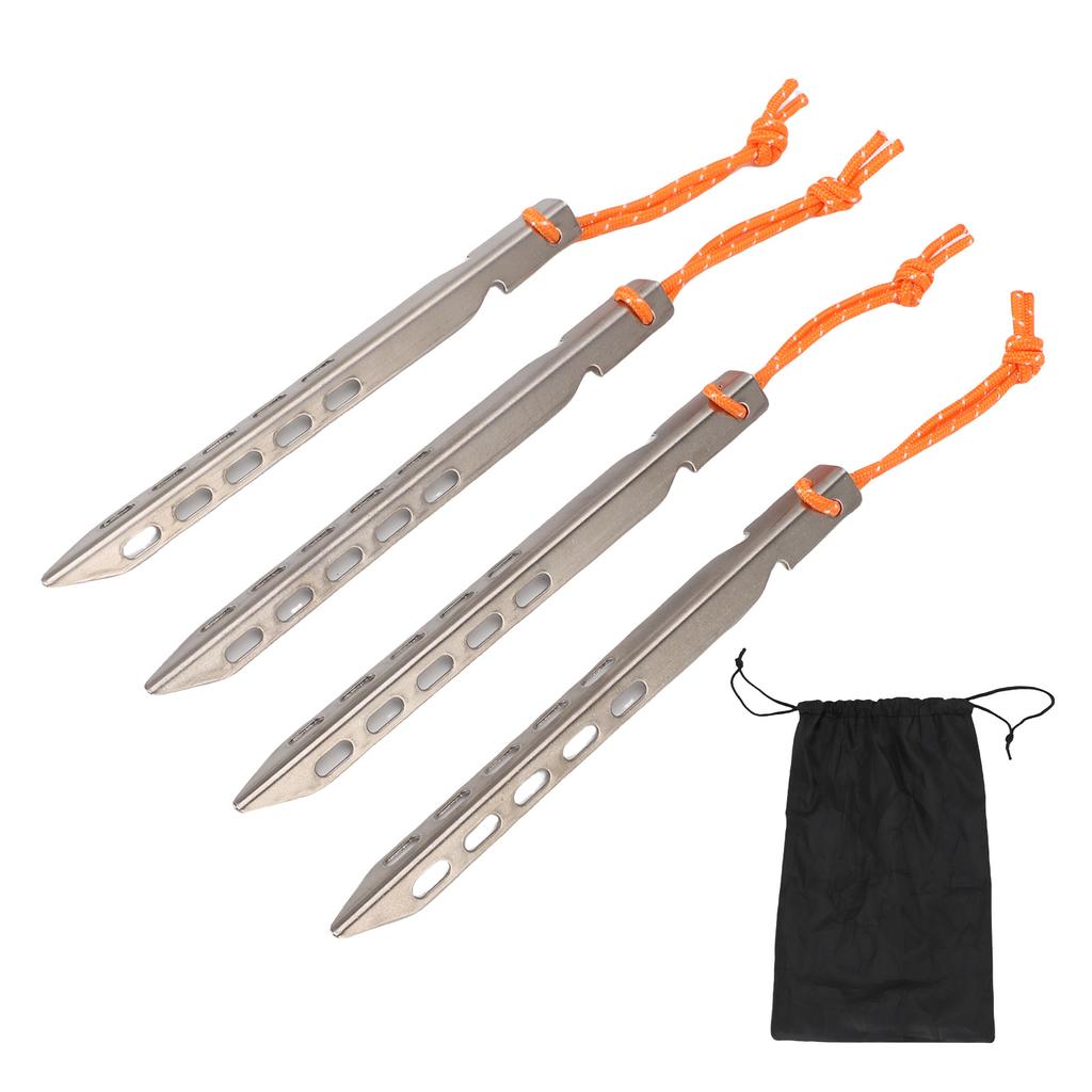 4PCS Tent Stakes with Rope Ti Alloy V Shaped Canopy Pegs for Outdoor Camping Beach Lawn Silver